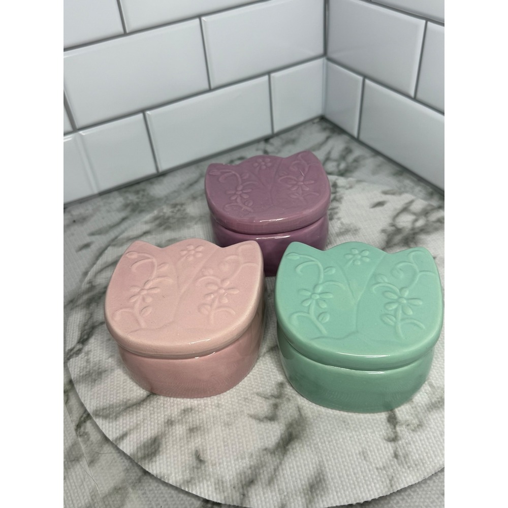Set of 3 Pastel Tulip Ceramic Trinket Boxes Pink Green Purple Floral Lidded Dish